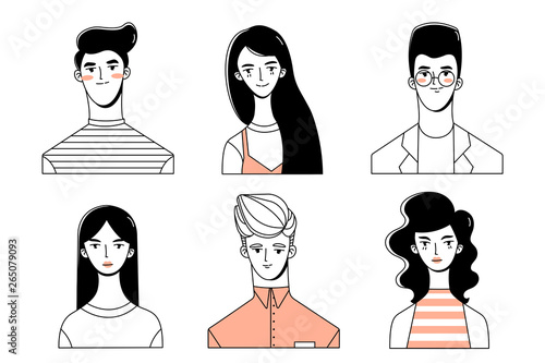 Male and female characters. A set of portraits of people with different looks.
