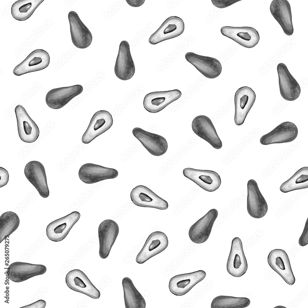 Black and white watercolor seamless pattern of fresh avocado on white background. Seamless pattern for printing on paper, textile, fabric. Black and white watercolor seamless pattern of fresh avocado on white background. Seamless pattern for printing on paper, textile, fabric.