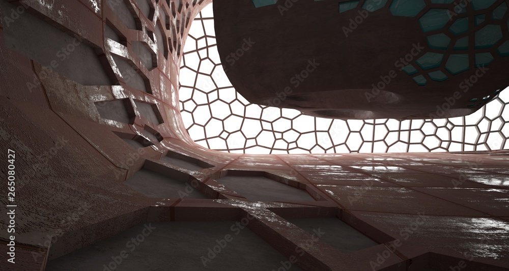 Obraz premium Empty abstract room interior of sheets rusted metal. Architectural background. 3D illustration and rendering