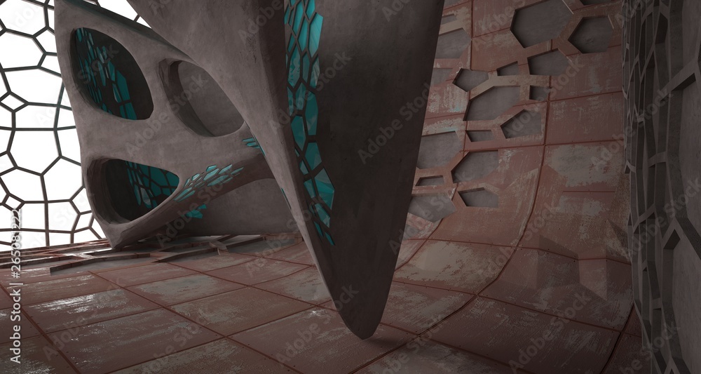 Empty abstract room interior of sheets rusted metal. Architectural background. 3D illustration and rendering Empty abstract room interior of sheets rusted metal. Architectural background. 3D illustration and rendering
