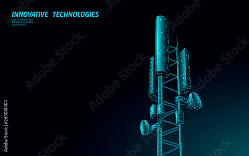 3d base station receiver. telecommunication tower 5g polygonal design global connection information transmitter. Mobile radio antenna cellular vector illustration