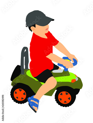 Little boy driving mini car vector illustration. Child with toy automobile. Kid driving pedal car. Happy toddler playing outdoor. Child with birthday gift.