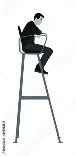 Tennis referee in chair vector isolated on white background. Beach volleyball judge in leader chair vector. Outdoor sport activity. Rescue man. Lifeguard man on tower station watch by the pool, beach 