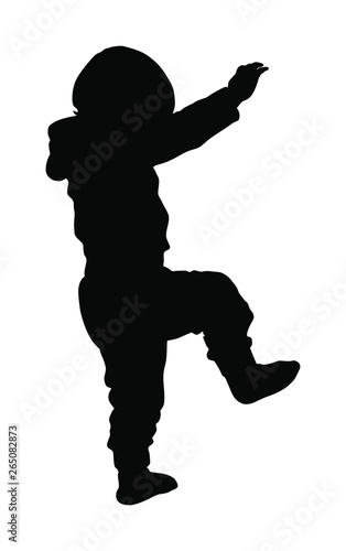 Little baby learning to walking vector silhouette. First steps in life. Kid play in kindergarten. Child learns to walk independently. Adopted child. Family values. Happy toddler boy funny walking