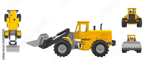 Bulldozer. 3d Vector illustration. Different viewes.