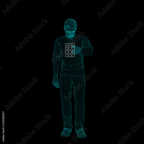 Man entering pin code. Wireframe human body. Vector outline. © eestingnef