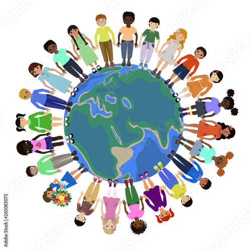 children of different races holding for hands around the world
