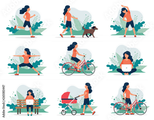 Happy woman doing different outdoor activities: running, dog walking, yoga, exercising, sport, cycling, walking with baby carriage. Vector illustration in flat style, healthy lifestyle concept.