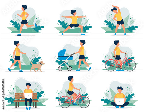 Happy man doing different outdoor activities: running, dog walking, yoga, exercising, sport, cycling, walking with baby carriage. Vector illustration in flat style, healthy lifestyle concept.