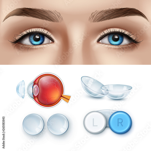 Ophthalmology realistic set of contact lens and human eye