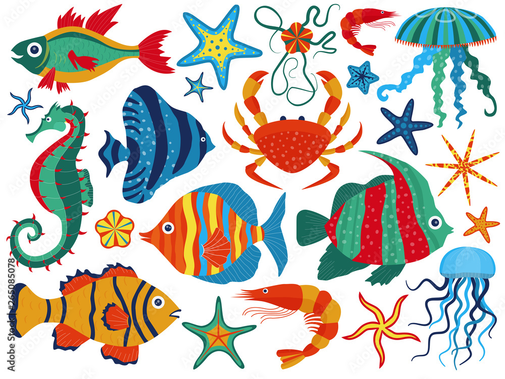 Fototapeta premium Coral Reef Underwater Animals Set