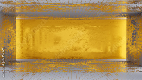 Fototapeta Naklejka Na Ścianę i Meble -  White tiles blank room and golden wall  interior glossy and lighting backdrop 3d rendering
