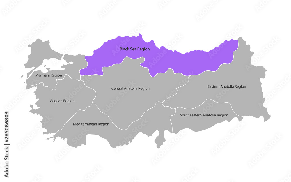Vector isolated simplified map of Turkey regions. Marked Black Sea Region. Borders and names of administrative divisions