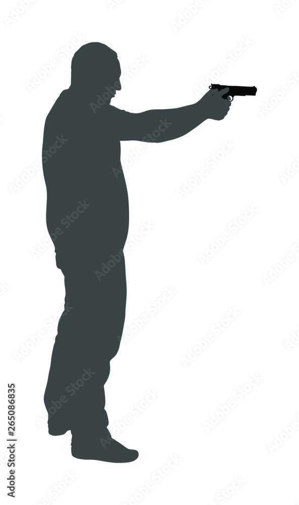 Man with gun vector silhouette illustration. Hunter with pistol shooting in shot.  Public crime scene, gunfight battle. Policeman practice with target. 