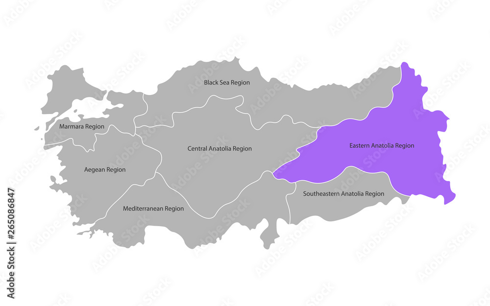 Fototapeta premium Vector isolated simplified map of Turkey regions. Marked Eastern Anatolia Region. Borders and names of administrative divisions.