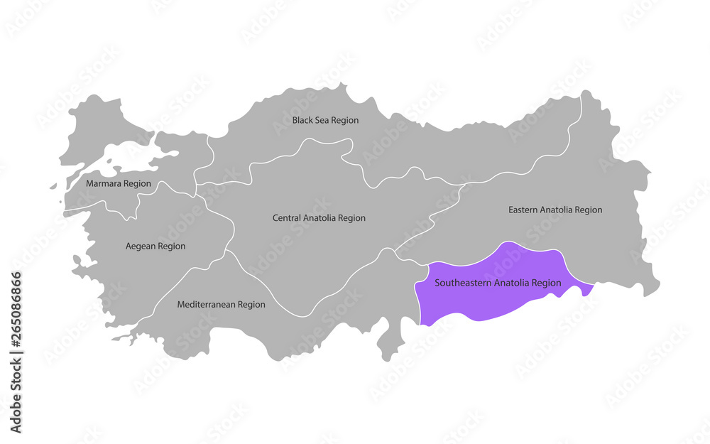 Vector isolated simplified map of Turkey regions. Marked Southeastern Anatolia Region. Borders and names of administrative divisions Vector isolated simplified map of Turkey regions. Marked Southeastern Anatolia Region. Borders and names of administrative divisions