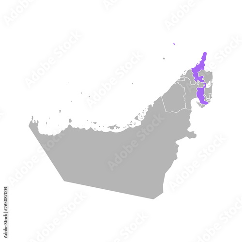 Vector isolated simplified colorful illustration with grey silhouette of United Arab Emirates (UAE), violet contour of  Ras Al Khaimah