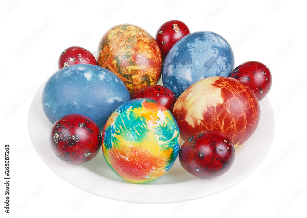 Easter chicken and quail eggs painted with natural food dye - onion peel and cabbage isolated Easter chicken and quail eggs painted with natural food dye - onion peel and cabbage isolated