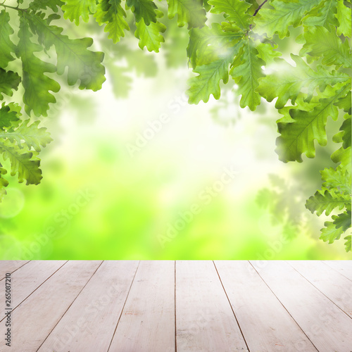 Green oak leaves and bokeh light with white empty wooden table background