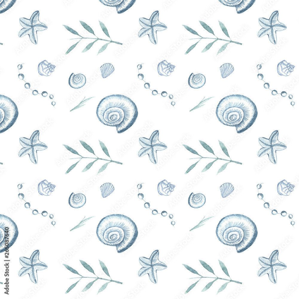 Blue shells and seaweed in watercolor