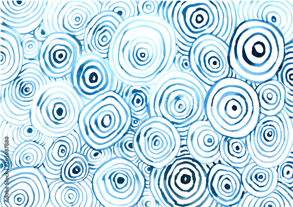 Blue watercolor abstract pattern with circles. Hand drawing overlapping geometric background.