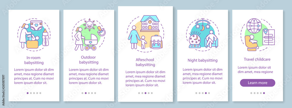 Childcare service onboarding mobile app page screen with linear concept