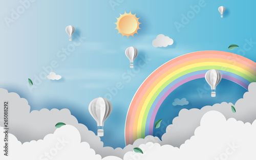 3D Illustration of cloudscape view scenery with hot air balloons float up in the blue sky on paper art. Landscape view scene for vacation in holiday. Creative design paper cut and craft style. vector,