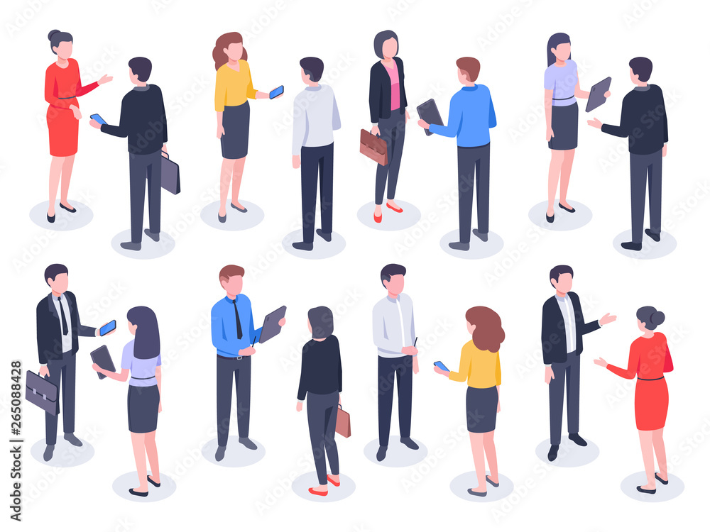 Isometric business people. Businessman team, businesswoman working collective and crowd of office worker persons vector illustration