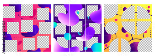Fluid shapes post template. Colorful abstract trendy social media photo frames posts, puzzle grid templates layout vector set