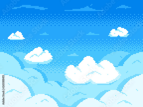 Pixel art sky. Clouds 8-bit skyline, retro video game cloud landscape and cloudy vector background