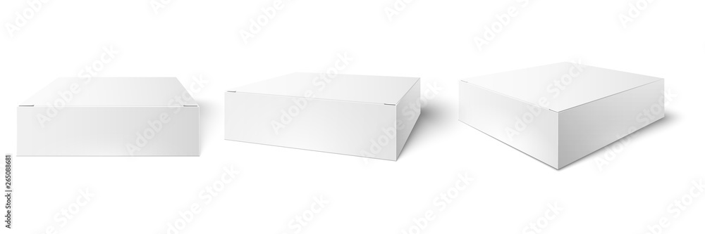 White packaging box. Blank mockup, package cube perspective view and consumer product boxes mockups 3d vector illustration set White packaging box. Blank mockup, package cube perspective view and consumer product boxes mockups 3d vector illustration set