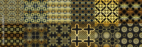 Golden arabic ornaments seamless pattern. Arabs fashion, geometric islamic ornament and gold ramadan frame patterns vector set
