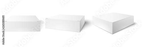 White packaging box. Blank mockup, package cube perspective view and consumer product boxes mockups 3d vector illustration set