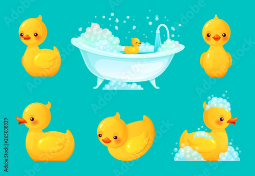 Yellow bath duck. Bathroom tub with foam, relaxing bathing and spa rubber ducks cartoon vector illustration