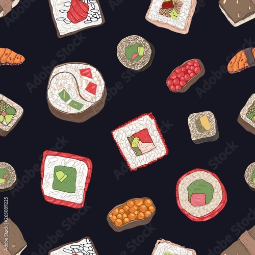 Seamless pattern with sushi, sashimi and rolls on black background