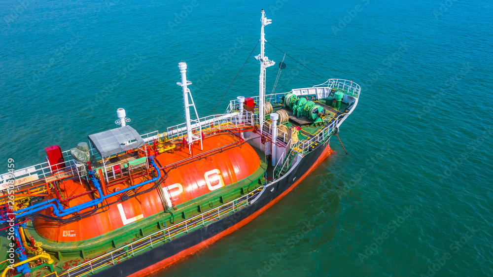 Aerial view oil and gas chemical tanker in open sea, Refinery Industry cargo ship.
