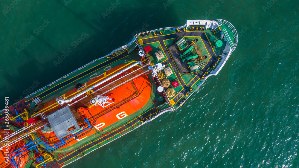 Aerial view oil and gas chemical tanker in open sea, Refinery Industry cargo ship.