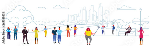 men women holding smartphones taking selfie and using their phones communication concept people walking outdoor urban park landscape background sketch horizontal
