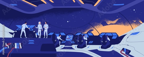 Starship, starcraft, interstellar spacecraft or spaceship and crew members standing and sitting at control panel during spaceflight. Space exploration and travel. Flat modern vector illustration.