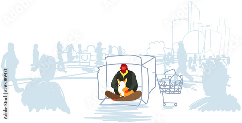 poor man sitting with dog begging for help out from crowd beggar guy embracing animal best friend homeless concept horizontal full length sketch doodle