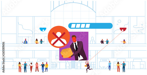 man thief stealing box identification facial recognition concept modern shopping mall interior security camera surveillance cctv system horizontal sketch doodle full length