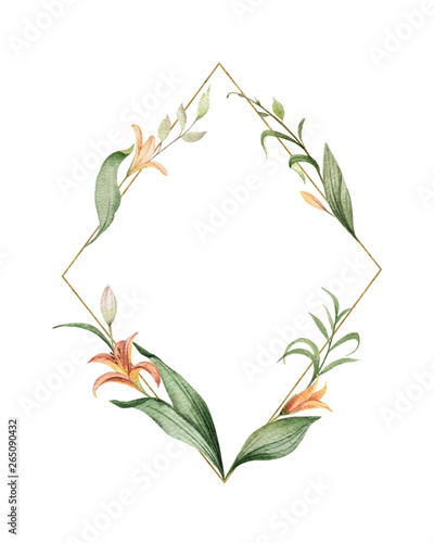 Watercolor vector wreath of orange Lily flowers and green leaves.