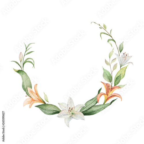 Watercolor vector wreath of orange Lily flowers and green leaves.