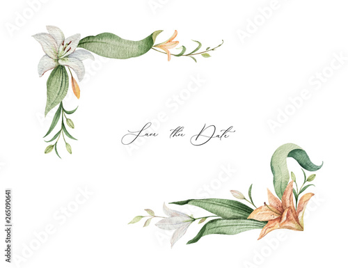 Watercolor vector wreath of orange Lily flowers and green leaves.