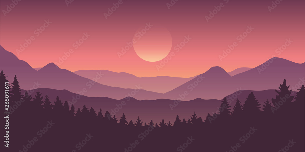 beautiful purple mountain and forest landscape with rising sun vector illustration EPS10