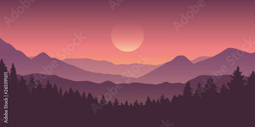 beautiful purple mountain and forest landscape with rising sun vector illustration EPS10