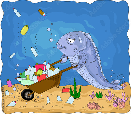 A conceptual illustration of the pollution of the world's oceans with plastic waste. Tired fish with a wheelbarrow trying to clean the ocean floor of plastic.
