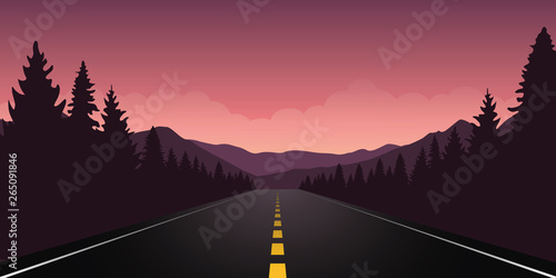 roadtrip adventure staight road and forest landscape vector illustration EPS10