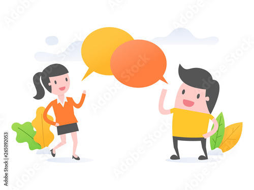 Vector illustration concept of discussion, social network. Two people discussing.