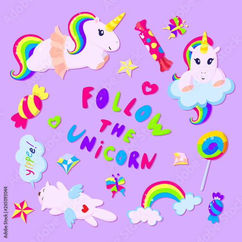 Colorful rainbow unicorns and sweets.